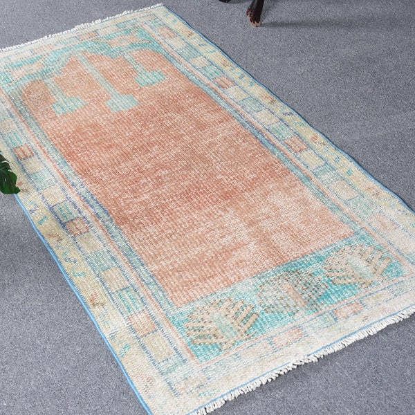 Turkish Prayer Rug, Small Rugs, Vintage Rug, Faded Oushak Rug, Rugs For Gift, 2.4x4.9 ft Orange Rug, Wool Rugs, Small Vintage Rug,  13316