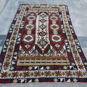 Traditional Turkish Rug, Tribal Area Rug, 4x7 ft Vintage Rug, Red Boho Carpet, Antique Wool Floor Décor