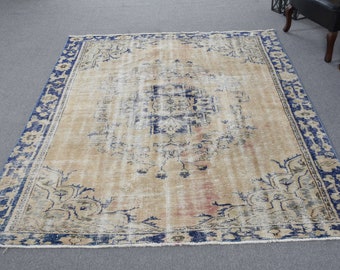 Large Rug Turkish Vintage Antique Oushak Rugs For Living Room 6.1x8.5 ft Blue Wool Handmade Boho Interior Designer Bright Office Oriental