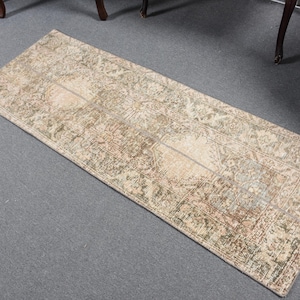 Vintage Rug, 2.1x6 ft Runner Turkish Rug, Brown Beige Patchwork Rug