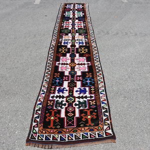Turkish Rug Herki Rug Handmade Hallway Rugs Home Decor Carpet 9437 Vintage Rug 34x133 inches Black Carpet Runner Carpet