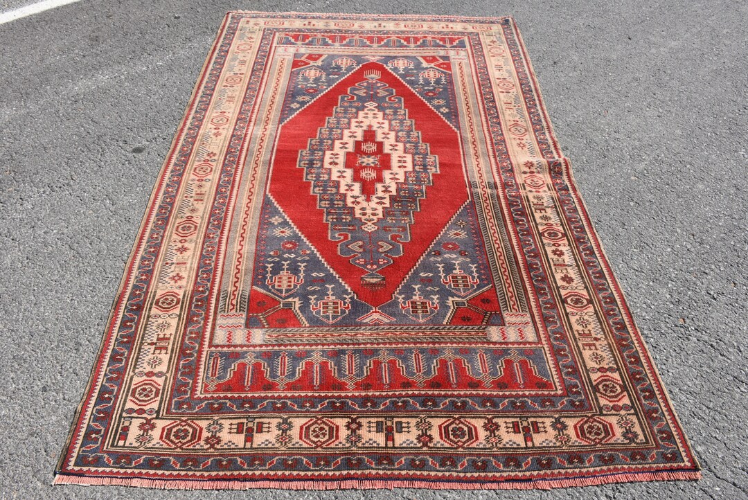 4.7x7.4 Ft Area Rug Vintage Rug Red Colorful Rugs Turkish Etsy