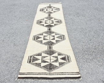 Vintage Rug, Herki Rug, Runner Rug, Turkish Rug, Antique Carpet, 33x122 inches Beige Carpet, Tribal Kitchen Rugs,  9639