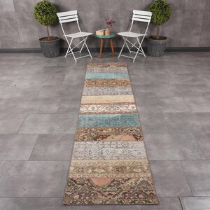 May include: A long rectangular runner rug featuring a patchwork design with various horizontal bands in shades of blue, brown, beige, and gray. The rug displays intricate patterns and textures across its surface, creating a multi-colored appearance.