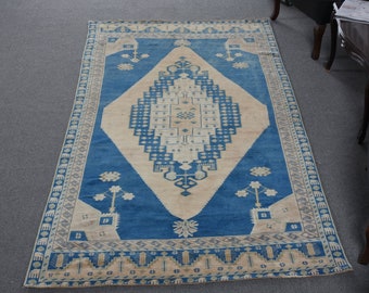 Area Rugs Turkish Vintage Anatolian For Dining Room 4.4x8.6 ft Blue Kitchen Vintage Home Decor Bohemian Wool Natural Designer Handmade