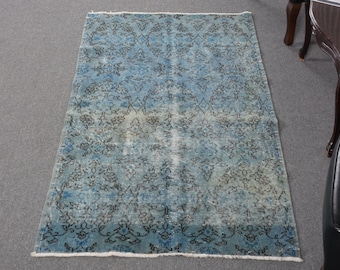 Accent Rug Turkish Vintage Antique Rugs For Bedroom 3.2x6.4 ft Blue Kitchen Entryway Vintage Overdyed Bright Bohemian Hand Knotted Tribal