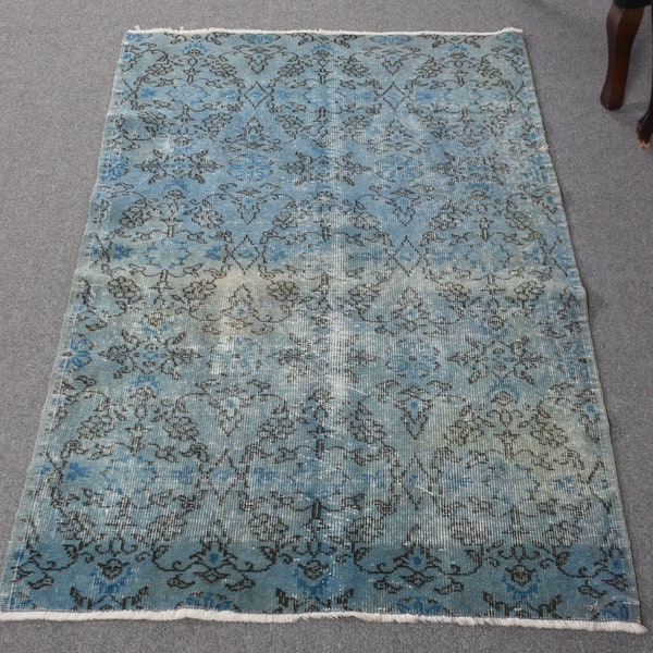 Alfombra decorativa turca vintage alfombras antiguas para dormitorio 3,2x6,4 pies azul cocina entrada vintage sobreteñido brillante boho anudado a mano tribal