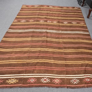 Large Kilim, Turkish Kilim, Vintage Striped Kilim, Antique Kilim, Rugs For Dining Room, 5.5x8.3 ft Brown Kilim, Luxury Vintage Wool Rug,