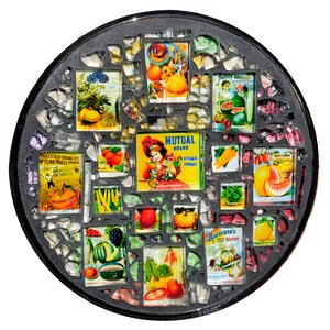 Vintage Vegetable Fruit Labels Circular Trivet - A Veggie Feast for the Eyes
