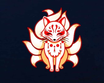 May include: A white and red stylized illustration of a nine-tailed fox, also known as a kitsune, with closed eyes and a red and white patterned face. The fox is sitting with its nine tails curled around it.