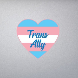 May include: A silver laptop with a heart-shaped sticker that has the transgender pride flag colors and the text "Trans Ally" in blue.