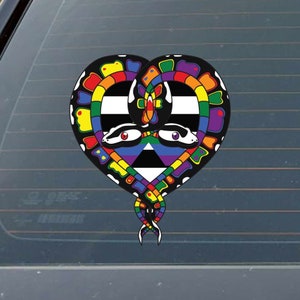 May include: A heart-shaped sticker with two intertwined snakes, each with a rainbow pattern. The snakes' heads are facing each other, and their eyes are red. The snakes are on top of a black and white striped background with a purple triangle at the bottom.