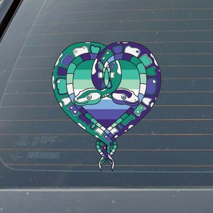May include: Two green and blue snakes intertwined in a heart shape, with a green, white, and blue striped pattern in the background. The snakes have white spots and are facing each other.