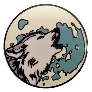 May include: A white wolf howling at the moon, which is depicted as a blue and white circle with a textured surface. The wolf is outlined in black and has a detailed design.