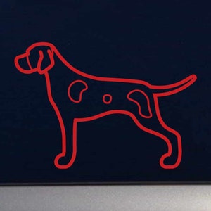 May include: Red line drawing of a Dalmatian dog on a dark blue background.