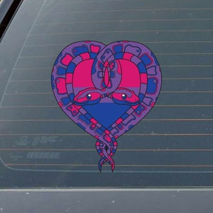 May include: Two snakes intertwined in a heart shape, with the colors of the bisexual pride flag. The snakes are purple and blue with pink and blue scales.