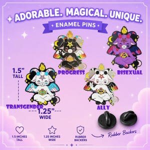 May include: Four enamel pins featuring cartoon goat figures in various color schemes, each 1.5 inches tall and 1.25 inches wide. The pins include labels for Progress, Bisexual, Transgender, and Ally, and come with black rubber backers.