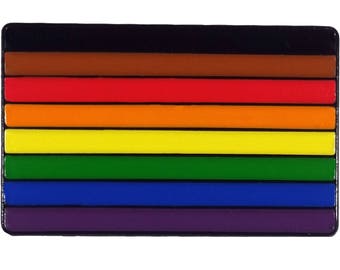 May include: A black and rainbow pride flag with eight horizontal stripes. The stripes are black, brown, red, orange, yellow, green, blue, and purple.