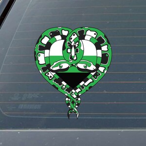 May include: A green snake heart-shaped design with black and white accents. The snake is intertwined with itself and has a green, white, and black color scheme.