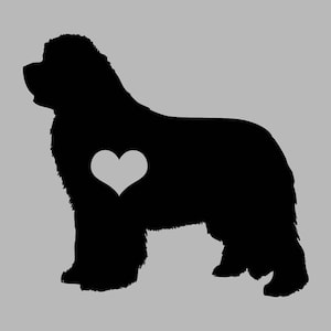 May include: Black silhouette of a Newfoundland dog with a white heart on its chest.