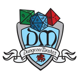 May include: A blue shield with the letters "DM" for Dungeon Master, a red dragon, and three dice. The dice are a red d4, a green d6, and a blue d20.