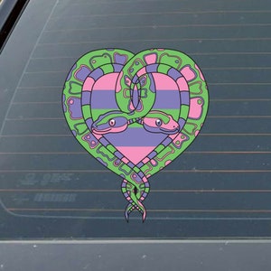 May include: Two green snakes with pink and purple stripes are intertwined in the shape of a heart. The snakes' heads are facing each other, and their tails are intertwined.