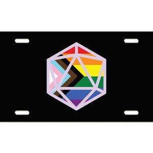 May include: A black license plate with a rainbow-colored, geometric, 20-sided die design. The die is outlined in purple.
