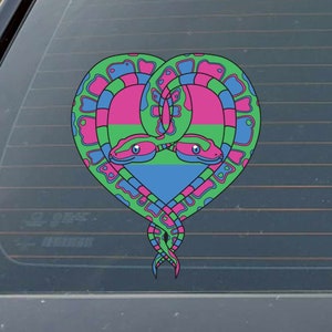 May include: Two green snakes intertwined in the shape of a heart, with the colors of the bisexual pride flag in the background.