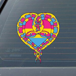 May include: A heart-shaped design featuring two intertwined snakes with yellow, blue, and pink scales. The snakes' heads are facing each other, and their bodies form a heart shape. The heart is filled with the colors of the pansexual pride flag.
