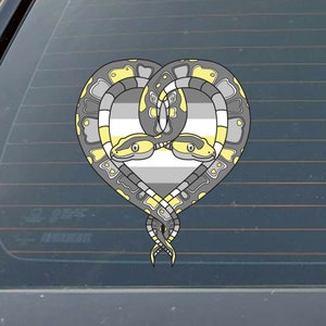 May include: Two gray and yellow snakes intertwined in a heart shape, with a gray, white, and yellow striped background.