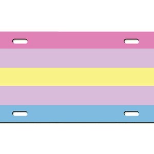 May include: A pink, lavender, yellow, and light blue horizontal striped license plate. The plate has two holes on each side.