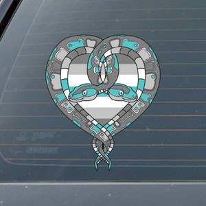 May include: Two teal blue snakes intertwined in a heart shape, with a grey, white, and teal blue genderqueer pride flag in the center.