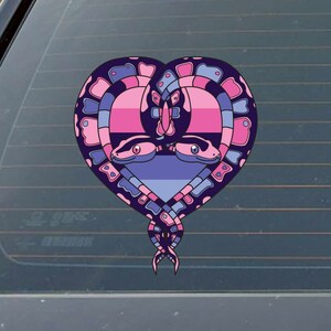 May include: A heart-shaped design featuring two snakes intertwined, with their heads facing each other. The snakes are patterned in pink, blue, and purple, resembling the bisexual pride flag.