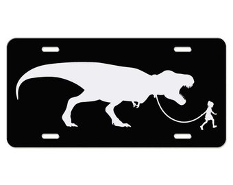 Little Girl Walking Tyrannosaurus Rex, T-Rex Vanity / License Plate, Available in Black Or White Metal - Multiple Colors Available