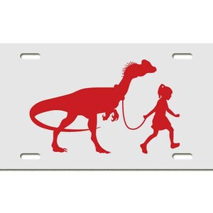 Little Girl Walking Dilo, Dilophosaurus Vanity / License Plate, Available in Black Or White Metal - Multiple Colors Available