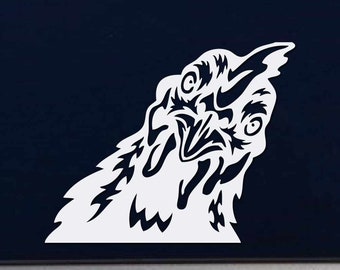May include: White vinyl decal of a stylized chicken with its head tilted back and its beak open. The chicken is facing the right side of the image.