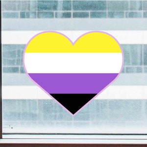 May include: A heart-shaped sticker with the colors of the non-binary pride flag. The flag is yellow, white, purple, and black.