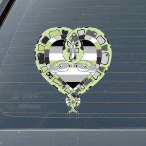 May include: Two green snakes intertwined in a heart shape, with their heads facing each other. The snakes are on top of a green, white, and black striped background.