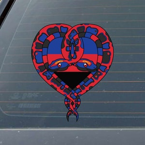May include: Two intertwined snakes forming a heart shape, with the colors of the bisexual pride flag in the center. The snakes are red, black, and blue.