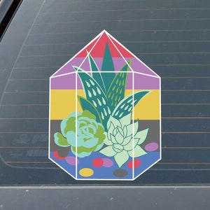 May include: A geometric terrarium with a clear glass body and a white outline. The terrarium contains a variety of succulents, including a tall aloe vera plant with green leaves and white spots, a smaller succulent with green leaves and a rosette shape, and a smaller succulent with light green leaves and a rosette shape. The terrarium is filled with small, colorful pebbles and is set against a dark background.