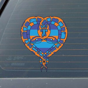 May include: Two orange and blue snakes intertwined in the shape of a heart. The snakes have black eyes and are outlined in black.