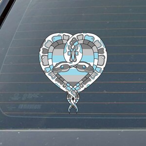 May include: Two snakes intertwined in a heart shape, with a gray, light blue, and white color scheme. The snakes are facing each other with their heads touching. The heart shape is filled with a pattern of stripes in the same colors as the snakes.