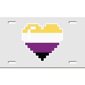 May include: A white license plate with a pixelated heart in yellow, white, purple, and black colors.