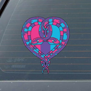 May include: A heart-shaped design featuring two intertwined snakes with blue and pink scales. The snakes' heads are facing each other, and their bodies are intertwined to form a heart shape. The background is a dark blue.