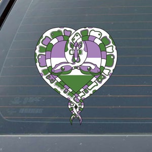May include: Two snakes intertwined in a heart shape, with a green, white, and purple color scheme. The snakes are white with green and purple markings.