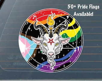 May include: A black and white goat head with horns and a pentagram on its forehead, surrounded by a circle of rainbow pride flags. The text "50+ Pride Flags Available!" is at the top of the image.