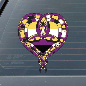 May include: A purple, yellow, and white heart-shaped design with two intertwined snakes. The snakes are black with yellow and white markings. The heart is a symbol of the non-binary pride flag.