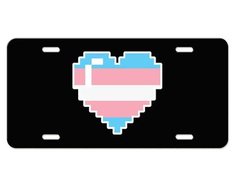 Transgender 8 Bit Retro Gamer Heart LGBTQIA+ Vanity / License Plate, Available in Black Or White Metal