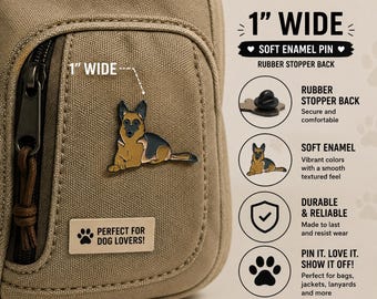 May include: A 1 inch wide soft enamel pin featuring a German Shepherd dog in black and tan colors. The pin includes a rubber stopper back. Text on the pin display includes 1 inch wide, soft enamel pin, rubber stopper back, and perfect for dog lovers.