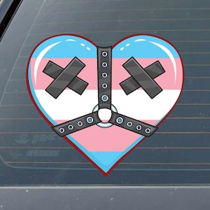 May include: A blue, pink, and white heart-shaped sticker with two black X's and a black leather harness with silver rings.